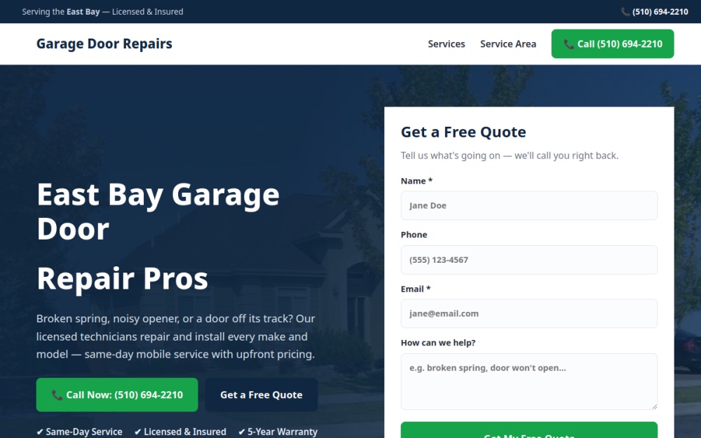East Bay Garage Door Repair website homepage