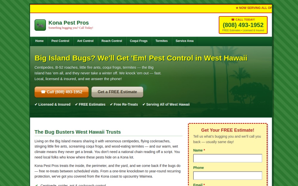Kona Pest Pros website homepage